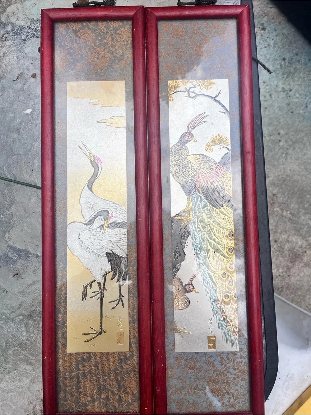 Vintage Framed Asian Crane and Peacock Wall Art - Red Frames